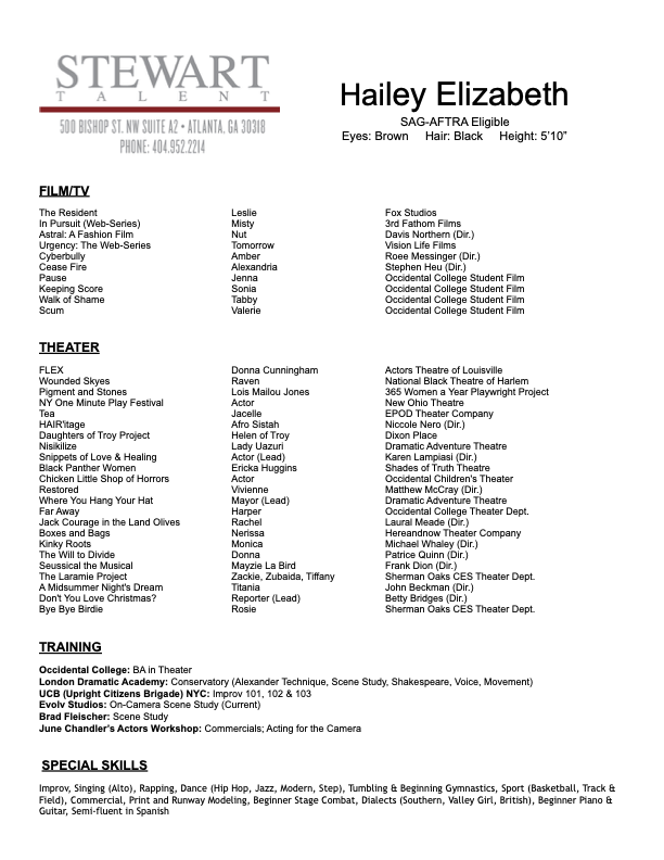 Hailey Elizabeth Acting Resume